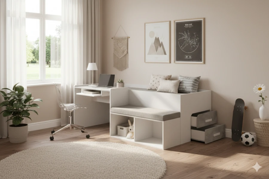 Modernes weißes Kombibett mit Schreibtisch und Sitzbank im Kinderzimmer.