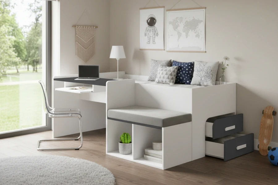 Modernes Jugendbett in Weiß und Anthrazit mit Schreibtisch, Regalfächern und ausziehbaren Schubladen.
