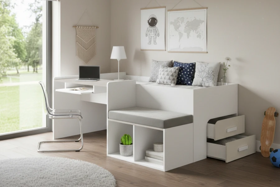 Multifunktionales Hochbett in Weiß und Eiche-Optik mit Arbeitsplatz und Sitzgelegenheit für das Jugendzimmer.