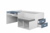 Weiß-blaues Funktionsbett für Kinder mit integriertem Schreibtisch und Schubladen auf weißem Hintergrund.