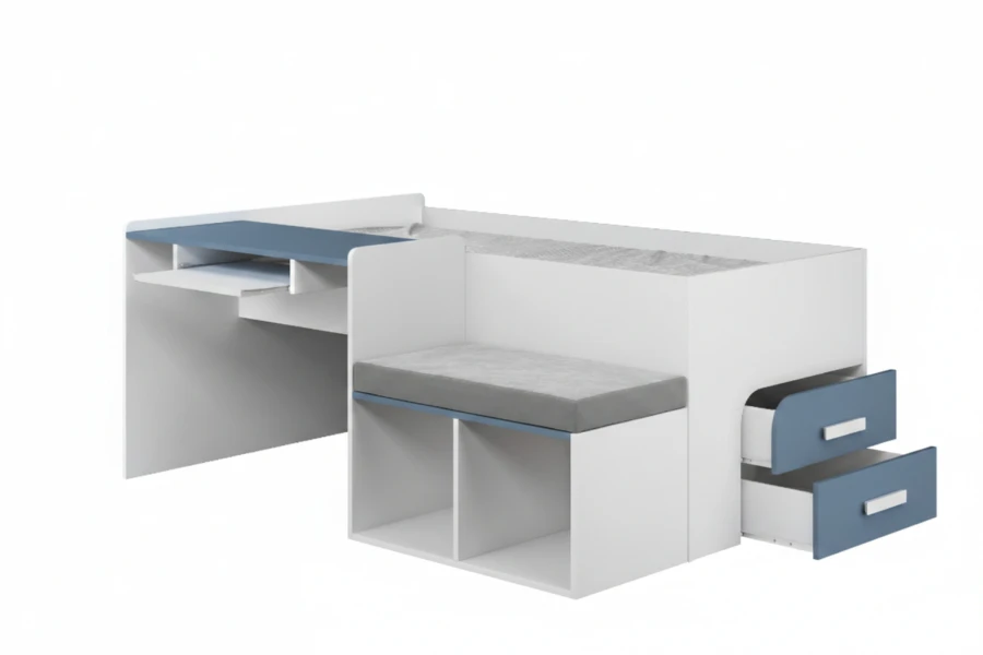 Weiß-blaues Funktionsbett für Kinder mit integriertem Schreibtisch und Schubladen auf weißem Hintergrund.