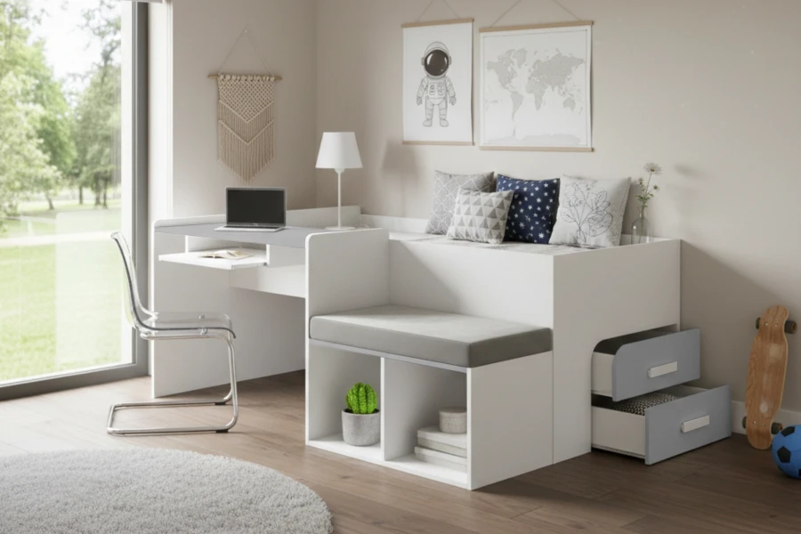 Modernes Kinderzimmer mit weißem Funktionsbett, Schreibtisch und Deko für eine gemütliche Atmosphäre.