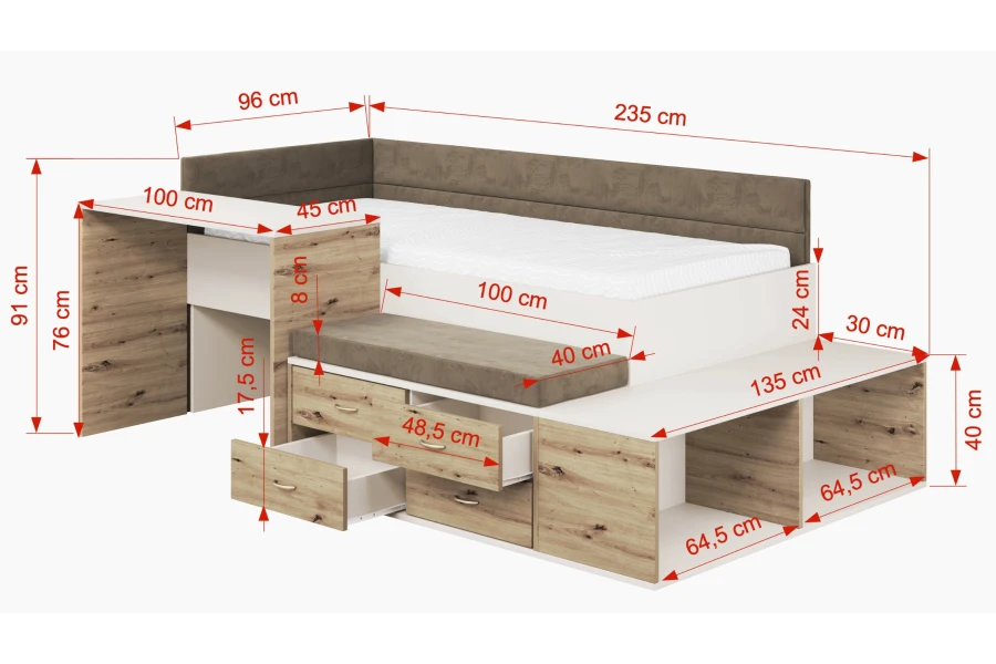 Detaillierte Maßangaben für ein multifunktionales Kinderbett in Eiche-Optik mit Schreibtisch und Stauraum.