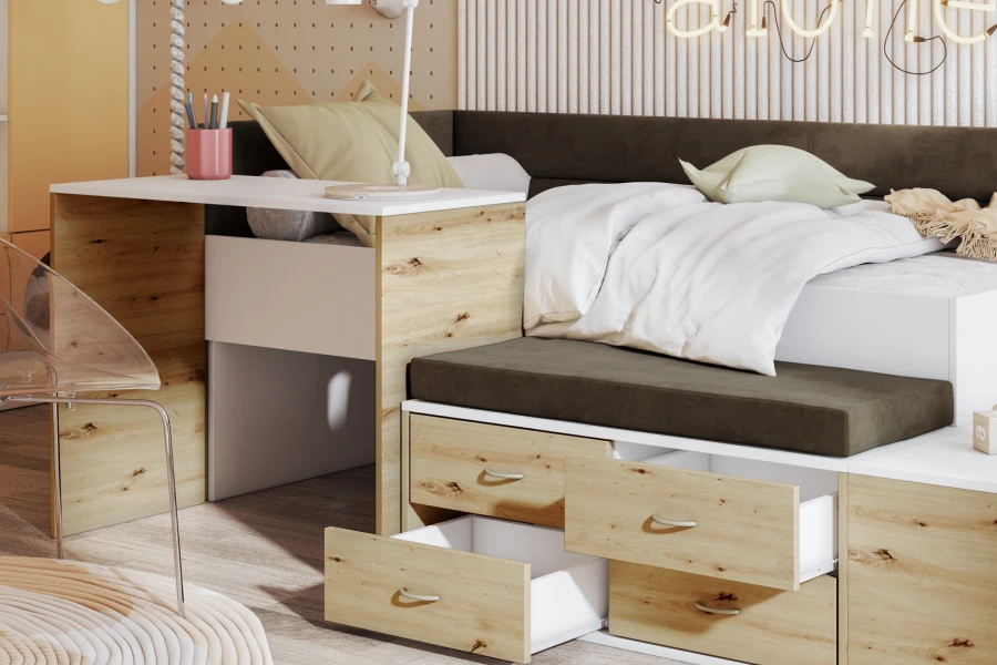 Detailansicht eines Funktionsbetts in Eiche-Optik mit offenen Schubladen für effizienten Stauraum im Kinderzimmer.