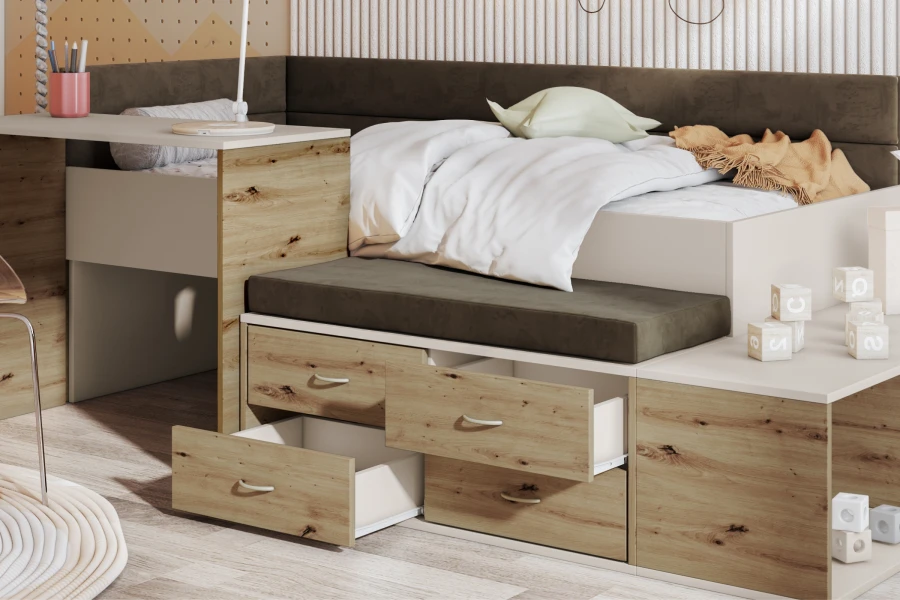 Nahaufnahme Kinderbett mit ausziehbaren Schubladen und integriertem Schreibtisch in Eiche.