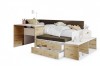 Komplettes Multifunktionsbett für Kinder mit Schreibtisch, Bank und Stauraum in Weiß-Eiche.