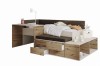 Platzsparendes Jugendbett-System mit integrierten Schubladen und Arbeitsfläche.
