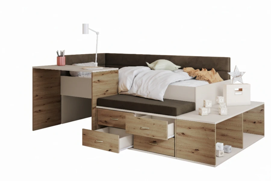 Platzsparendes Jugendbett-System mit integrierten Schubladen und Arbeitsfläche.