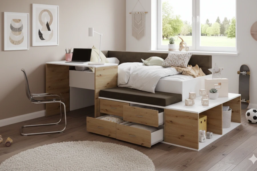 Jugendbett mit Schreibtisch, Schubladen und Regal in Eiche-Weiß-Optik für optimale Raumnutzung.