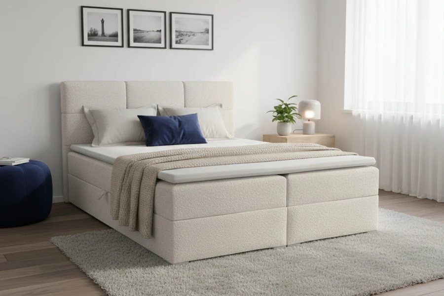 Modernes beiges Boxspringbett mit gepolstertem Kopfteil in hellem Schlafzimmer