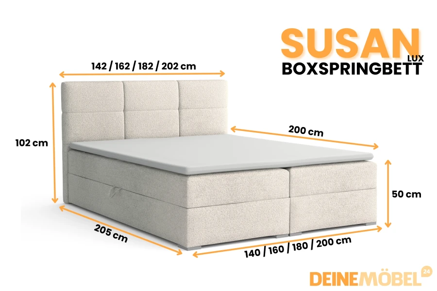 Abmessungen des Boxspringbetts Susan Lux: Breite 140-200 cm, Höhe 102 cm, Tiefe 205 cm.