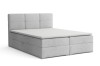 Modernes hellgraues Boxspringbett mit dreigeteiltem Kopfteil, freigestellt auf weißem Hintergrund.