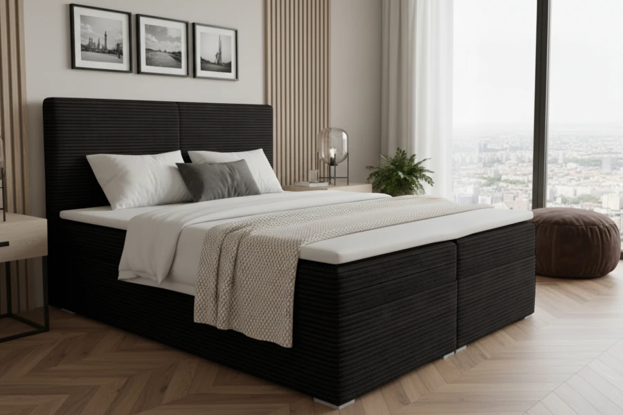 Luxuriöses schwarzes Boxspringbett aus Cordstoff im modernen Schlafzimmer-Design.
