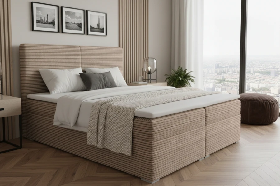 Stilvolles Boxspringbett in Sandfarben aus Cord in einem hellen, modernen Raum.