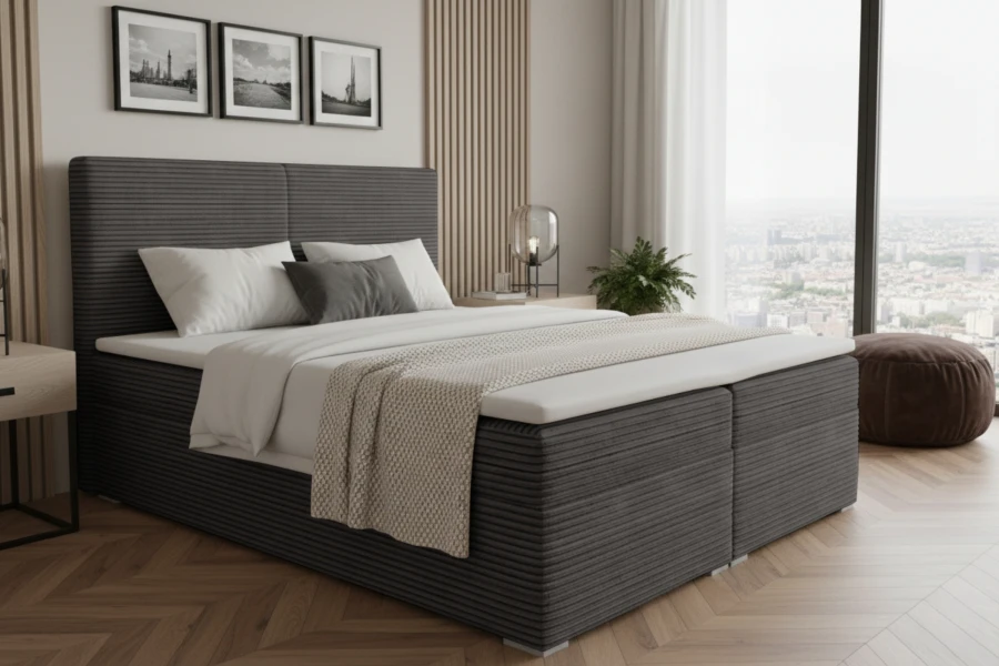 Gemütliches dunkelgraues Boxspringbett aus Cordstoff mit Blick auf die Skyline.