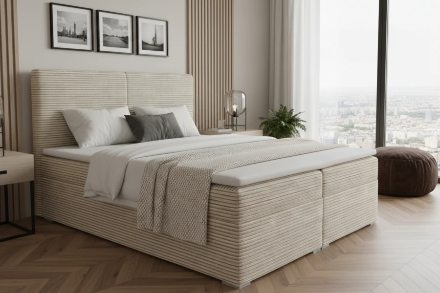 Beiges Boxspringbett mit Cord-Kopfteil in modernem Schlafzimmer mit Panoramablick.