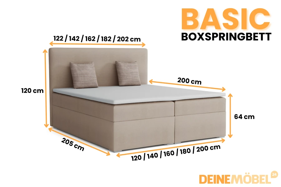 Abmessungen des Basic Boxspringbetts in verschiedenen verfügbaren Größen.