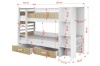 Weißes Kinder-Etagenbett mit Holz-Details und detaillierten Maßangaben in Zentimetern