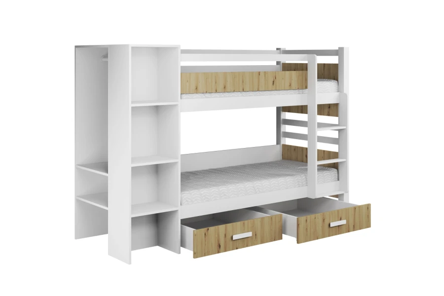 Hochbett für Kinder in Weiß-Eiche-Optik mit Regalfächern, Ansicht von rechts.