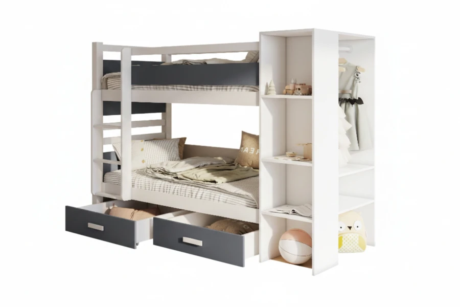 Etagenbett in Weiß und Anthrazit mit Regal, Kleiderschrank und Schubladen.