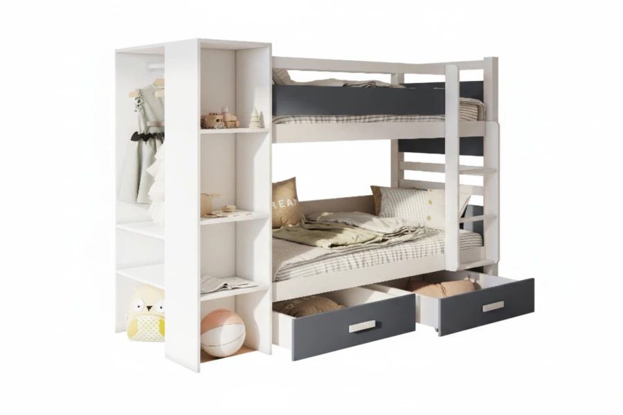 Modernes Hochbett in Weiß-Grau mit Schrank und Regalen für das Kinderzimmer.
