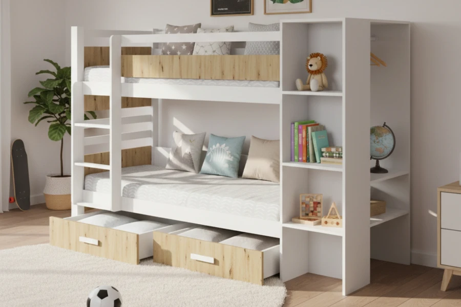 Kinderzimmer mit Etagenbett in Weiß und Eiche, Teppich und Spielzeug-Deko.