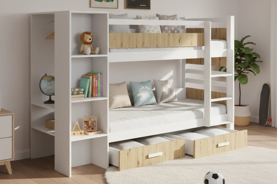 Weißes Etagenbett mit Eichen-Akzenten, Regal und zwei Bettschubladen im Kinderzimmer.