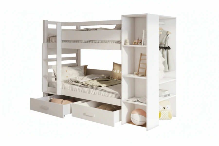 Weißes Etagenbett für Kinder mit integriertem Kleiderschrank und offenen Bettkästen.