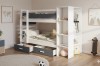 Etagenbett in Weiß und Anthrazit mit Regal und Bettkästen in einem modernen Kinderzimmer.