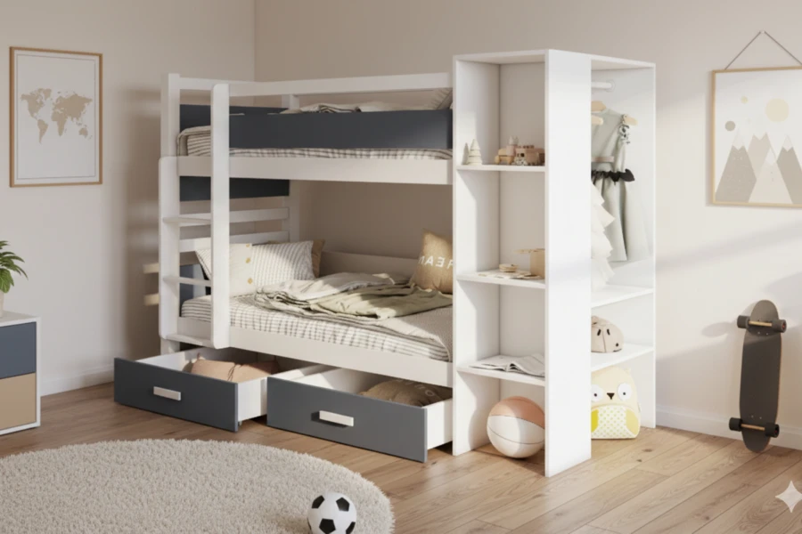 Etagenbett in Weiß und Anthrazit mit Regal und Bettkästen in einem modernen Kinderzimmer.