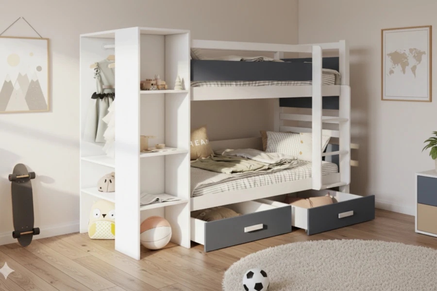 Weiß-anthrazitfarbenes Etagenbett mit linksseitigem Regal und viel Stauraum.