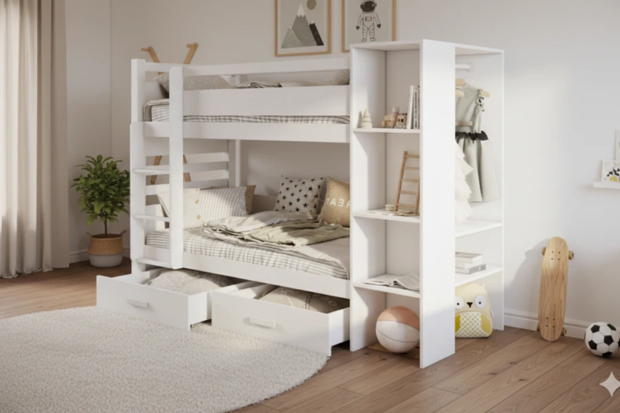 Weißes Etagenbett mit Regalen und Schubladen im gemütlichen Kinderzimmer.