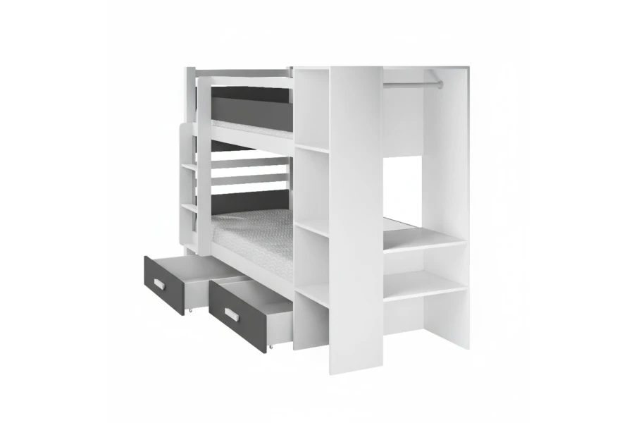 Weiß-graues Stockbett mit Regalsystem und Kleiderstange auf weißem Hintergrund.