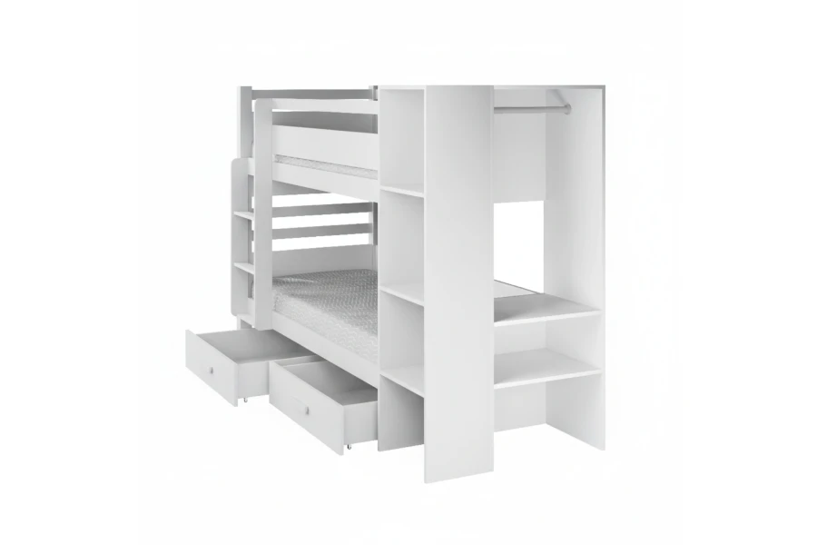 Komplett weißes Etagenbett mit Bettkästen und integriertem Regal für Kinder.