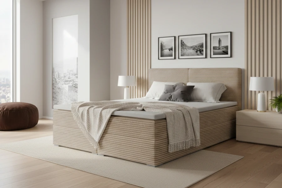 Elegantes beiges Boxspringbett mit gestreifter Struktur in hellem Raum.