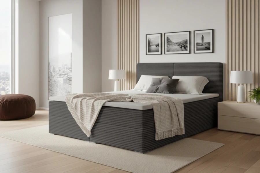 Dunkelgraues Polsterbett mit hohem Kopfteil in modernem Design.