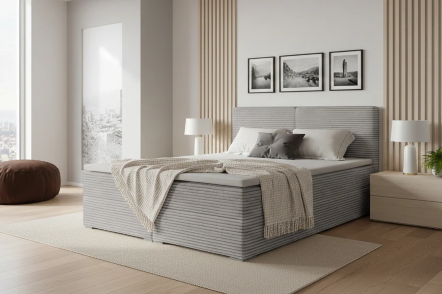Modernes Boxspringbett in Grau mit Cord-Bezug im hellen Schlafzimmer.