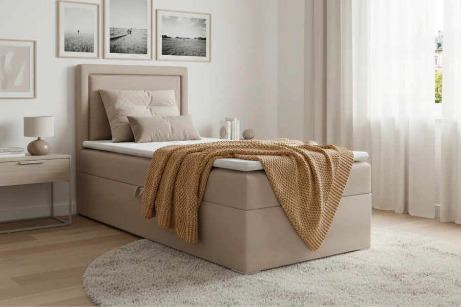 Beige boxspringbed met opbergruimte, witte topper en gele deken in een moderne slaapkamer.