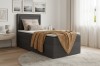 Antracietkleurig boxspringbed met opbergruimte and gele wollen deken in modern design.