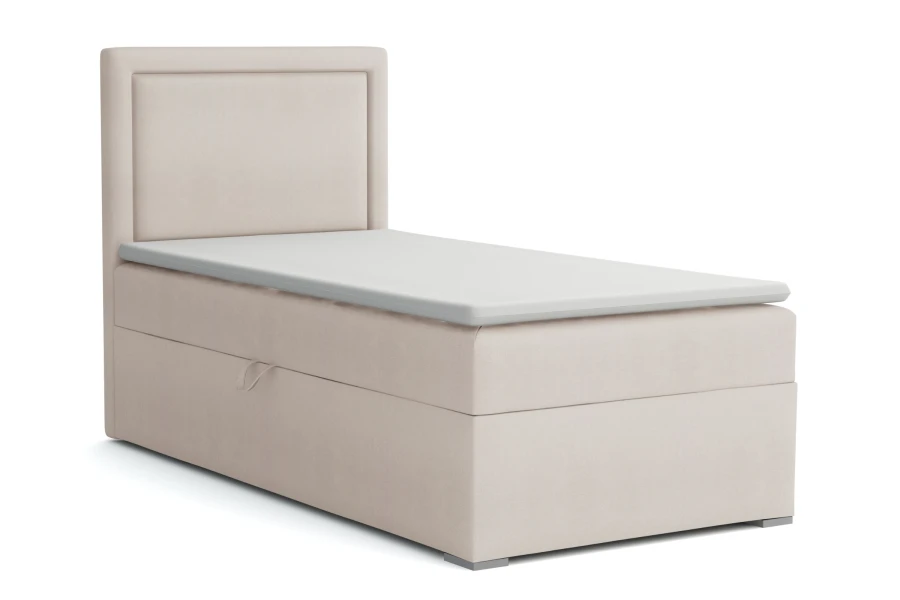 Beige gestoffeerd bed met gewatteerd hoofdbord en praktische opbergruimte voor extra opslag.