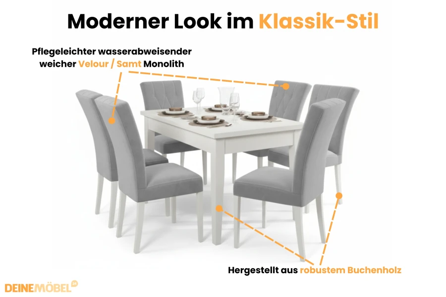Modernes Esszimmerset: weißer Tisch und 6 graue Samtstühle aus robustem Buchenholz.