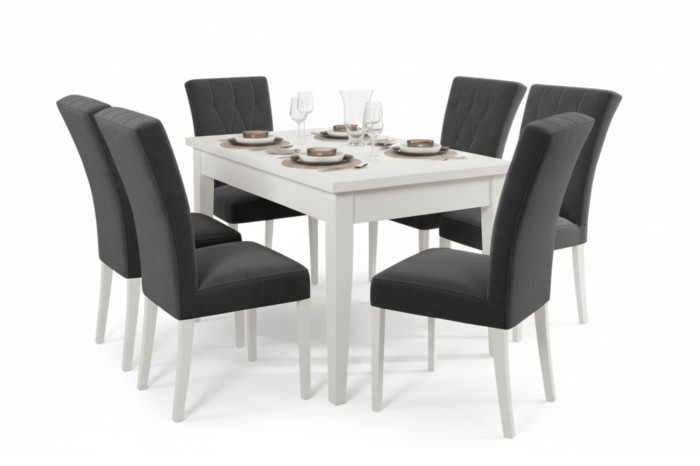 6-Sitzer Esszimmerset mit weißem Tisch und grauen Stühlen, freigestellt auf weiß.