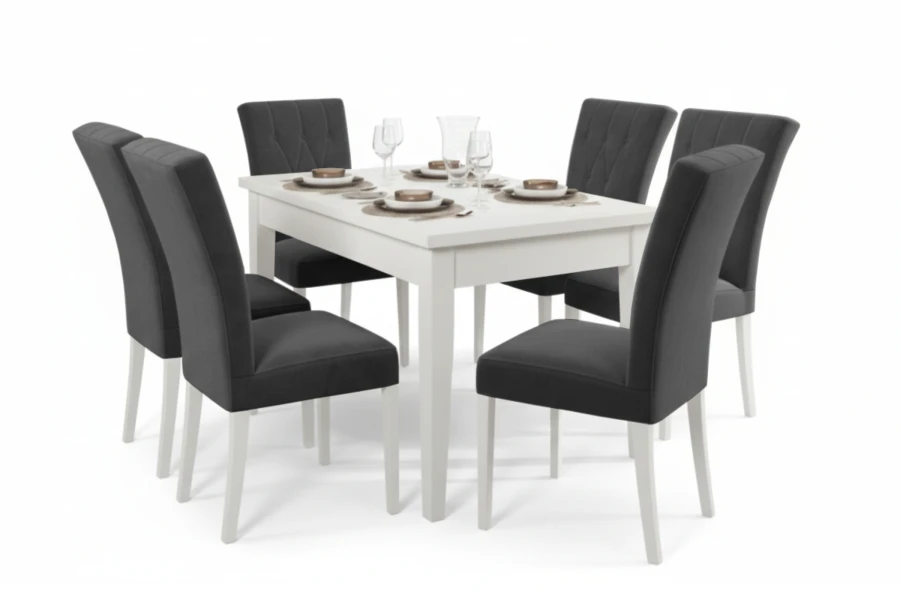 6-Sitzer Esszimmerset mit weißem Tisch und grauen Stühlen, freigestellt auf weiß.