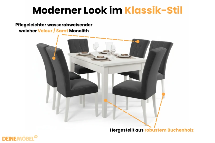 Produktinfo: Esstisch-Set aus Buchenholz mit wasserabweisenden Samtstühlen Monolith.