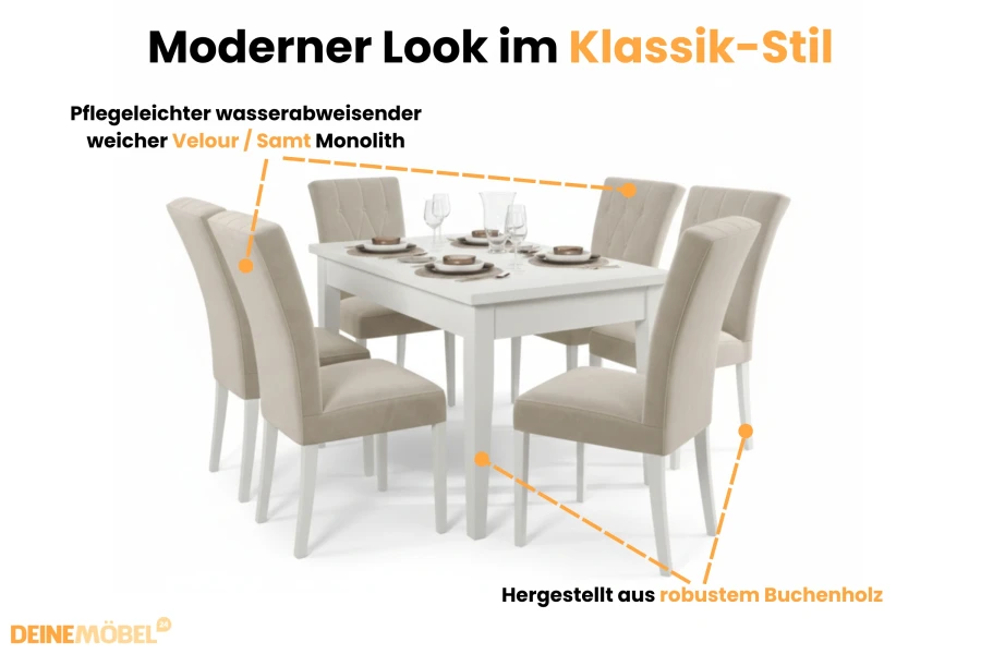 Essgruppe im Klassik-Stil: Weißer Tisch mit beigen Samtstühlen aus robustem Buchenholz.