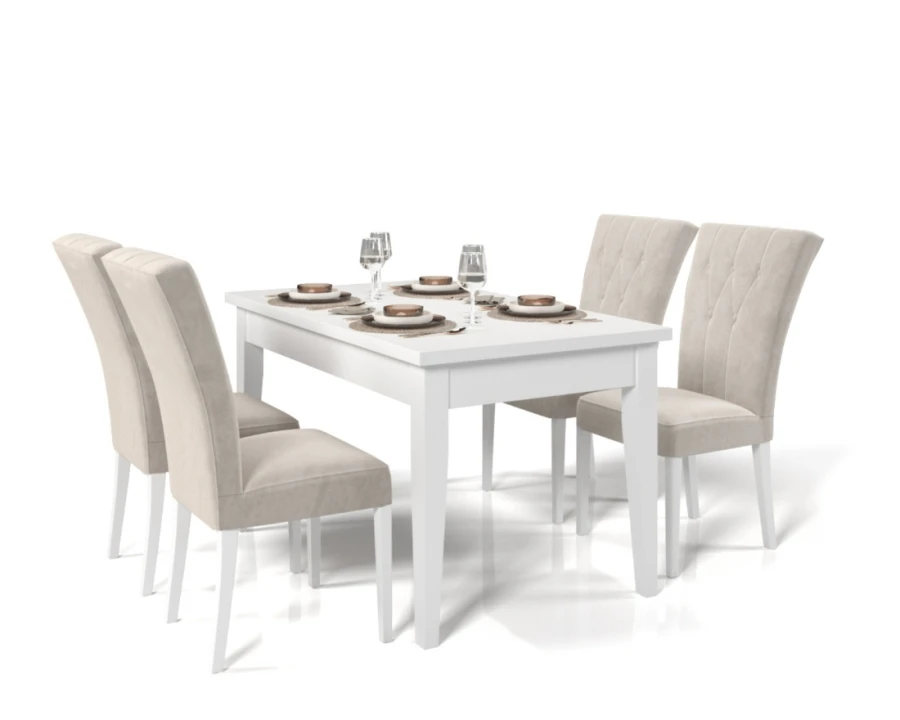 Weißes Esszimmer-Set bestehend aus Esstisch und vier cremefarbenen Polsterstühlen vor weißem Hintergrund.