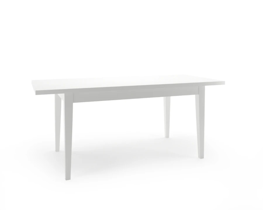 Klassischer weißer Esstisch aus Holz in schlichtem Design, freigestellt auf weißem Hintergrund.