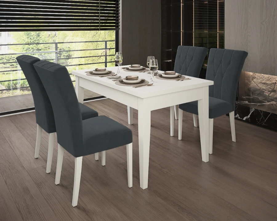 Essgruppe mit weißem Esstisch und vier dunkelgrauen Polsterstühlen in modernem Interieur.