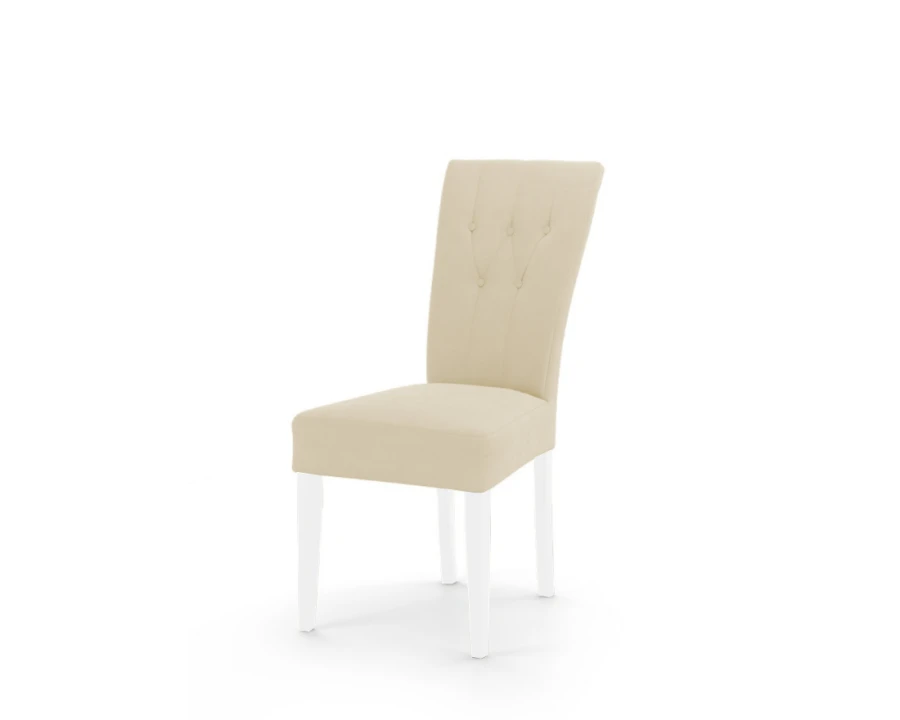 Moderner Polsterstuhl in Beige mit Knopfheftung und weißen Holzbeinen.