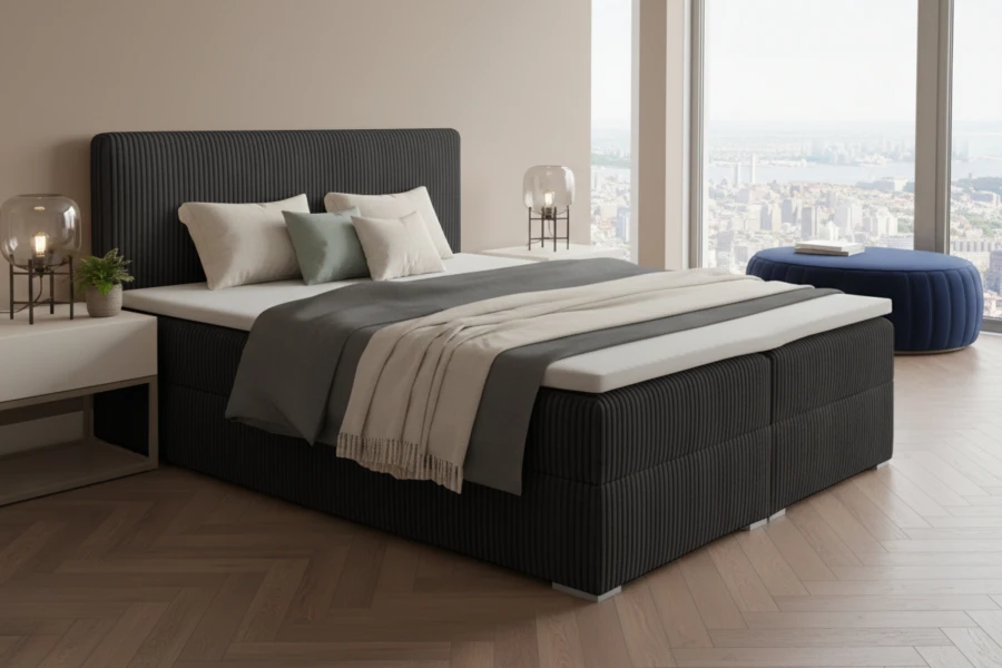 Dunkelgraues Boxspringbett mit Cord-Bezug im luxuriösen Schlafzimmer-Ambiente.